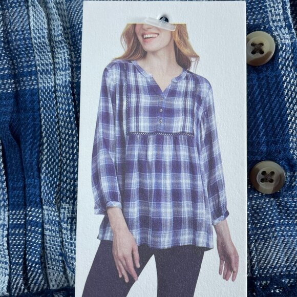 Wrangler Womens Blue Plaid Button-Front 3/4 Sleeve Tunic Top M Viscose NWT 0150 - Picture 5 of 9